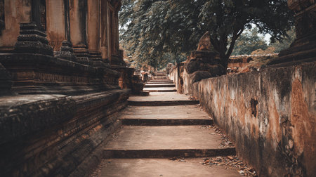 Visitors walk up stone steps that lead to an ancient temple surrounded by trees and nature.の素材