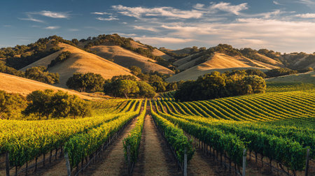 Vineyard rows stretch across the hills as warm light covers the landscape at dusk.の素材