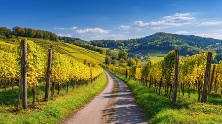 Rows of grapevines line a dirt path as workers prepare for harvest in the vineyard during fall.の素材