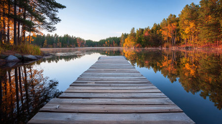 A wooden dock extends over a lake showing the reflection of trees and colorful leaves during the autumn season.の素材