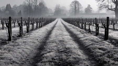 A vineyard sits under winter frost with bare vines lining the rows and frost covering the ground.の素材