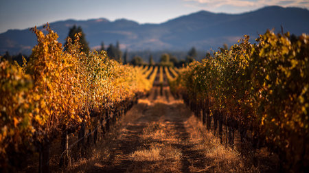 Vineyard rows are filled with ripe grapes under warm golden light at harvest time in the evening.の素材