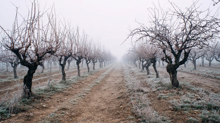 Bare vines stand in a vineyard during winter frost, with a path leading through a foggy landscape.の素材