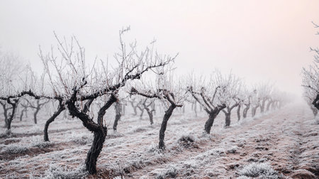 Frost coats bare vines in a vineyard during winter, showing a dormant landscape ready for spring.の素材