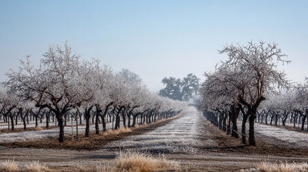 Vines stand bare in winter frost as cold air blankets the vineyard area under a clear sky.の素材