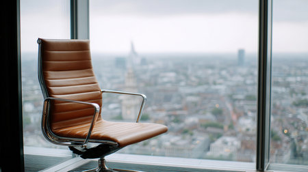 Leather chair sits in a modern boardroom. Large windows show a city skyline on a cloudy day.の素材