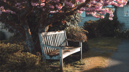 A wooden bench sits under a cherry blossom tree in a garden as the flowers bloom in spring.の素材