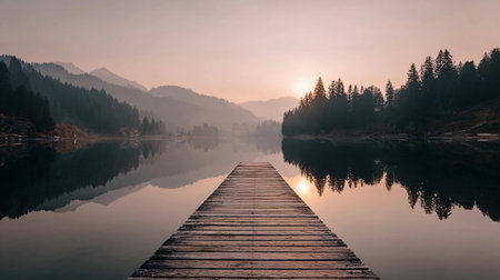 Wooden jetty reaches into the lake surrounded by mountains during sunrise, reflecting the scenery on the water.の素材