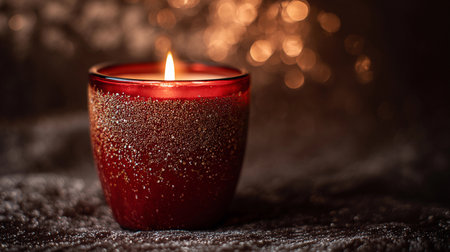 A holiday candle in a red holder burns quietly, casting a warm flicker of light in a dim setting.の素材