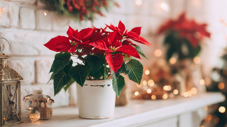 Poinsettia plant sits in a white pot on a mantel decorated for the holiday season with red accents.の素材
