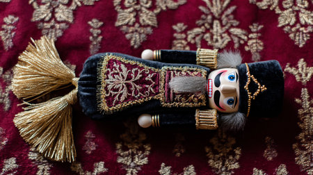 A nutcracker toy is placed on a red velvet cushion decorated for the holiday season.の素材