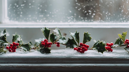 Holly branches with bright red berries sit on a snowy windowsill inside a house during wintertime.の素材