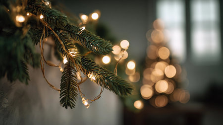 String lights hang over evergreen branches with a blurred tree in the background, creating a festive mood.の素材