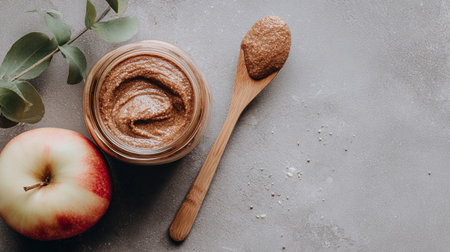 A jar of almond butter rests beside a wooden spoon and a red apple on a gray table.の素材