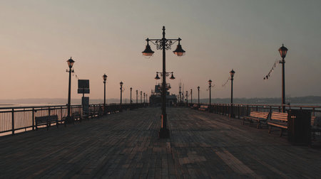 People can be seen walking along a boardwalk with lights and benches as day turns into night.の素材