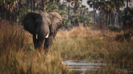 An elephant walks through tall grass at a watering hole surrounded by trees and plants in the afternoon light.の素材