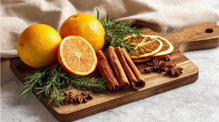 Cinnamon sticks and whole oranges are arranged on a wooden board with dried oranges and herbs nearby.の素材