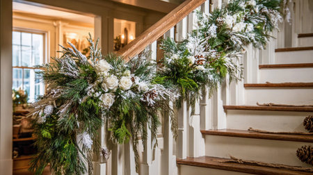 Green garland with white roses and snow covers the railing of a wooden staircase in winter sunlight.の素材