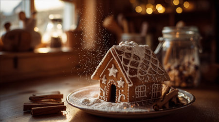 A gingerbread house sits on a plate covered in powdered sugar snow. It is indoors with warm light in the background.の素材