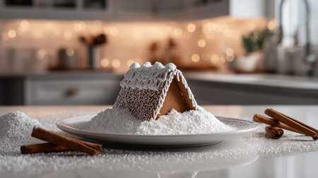 A gingerbread house rests on a white plate surrounded by powdered sugar snow, creating a festive scene.の素材
