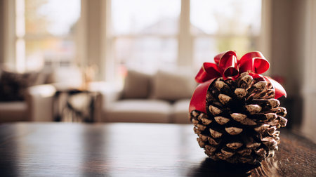 Pine cone with a red ribbon sits on a table in a living space with soft furniture and sunlight.の素材