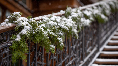 Evergreen garland decorates a staircase railing as snow lightly covers the greenery in winter.の素材