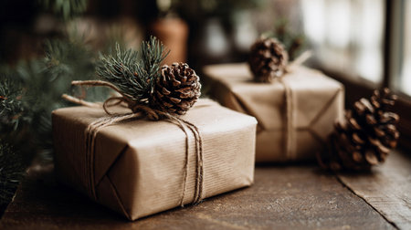 A gift box wrapped in kraft paper with pine twine rests on a wooden table. Pine cones are nearby, adding to the scene.の素材