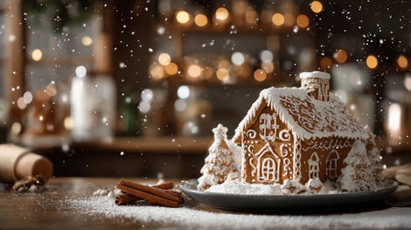 A gingerbread house sits on a plate with powdered sugar snow around it in a festive setting.の素材