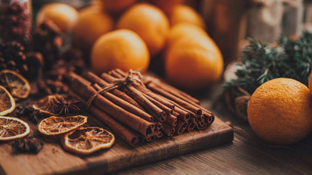 Cinnamon sticks and sliced oranges are placed on a wooden board with other fruits in a warm indoor space.の素材