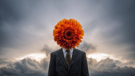 A person stands with a large flower instead of a head under a cloudy sky, conveying new thoughts and feelings.の素材