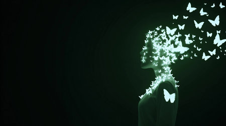 A figure dissolves as glowing butterflies emerge, creating a captivating visual effect at night.の素材
