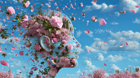 A head shaped like a flower garden floats in the sky with clouds and petals around the scene.の素材