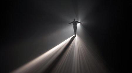 A person stands on a beam of light, balancing in a dark area. This scene shows a focus on risk management.の素材