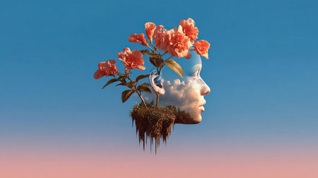 A surreal scene shows a face with flowers and clouds, symbolizing growth and positive ideas.の素材
