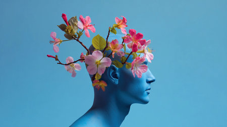 A blue figure has flowers growing from its head in a bright blue background, showing growth and thoughts.の素材