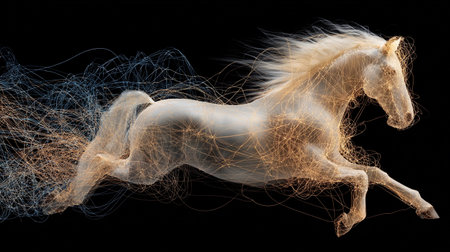A horse runs swiftly across a dark backdrop, with a glowing mane and tail trailing behind it.の素材
