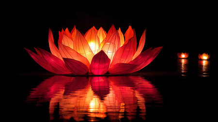 A glowing lotus flower opens on dark water, surrounded by smaller lights that reflect brightly.の素材