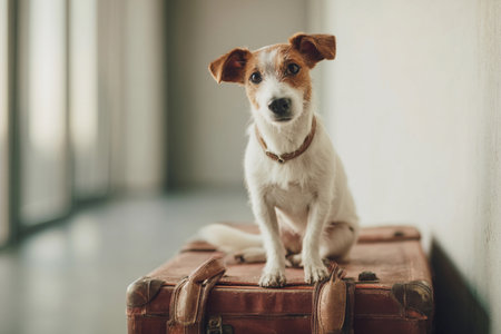 A russell terrier sits on a vintage leather suitcase in a bright indoor area with natural light.の素材