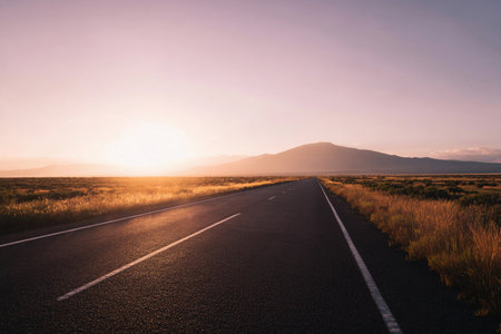 The scene shows a long road running through a desert as the sun begins to rise in the horizon.の素材
