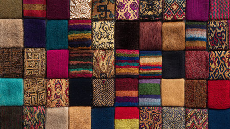 Fabrics made from silk, cotton, and wool display bright patterns and textures in an artistic arrangement.の素材