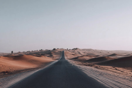 A straight road leads through a desert landscape as the sun starts to rise. The scene shows sandy dunes on both sides.の素材