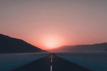Straight road cuts through desert landscape as soft sunrise light illuminates rocky hills.の素材