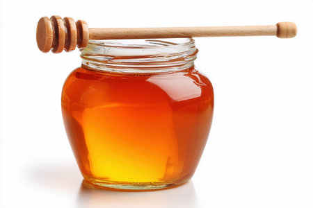 Glass jar filled with honey and a wooden dipper placed on top surrounded by white space.の素材