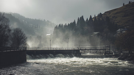 Water flows from the power dam into the river while mist rises on a morning. Trees and hills outline the background.の素材