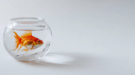 Small goldfish is swimming in a glass bowl resting on a flat white surface. The bowl is clear and round.の素材