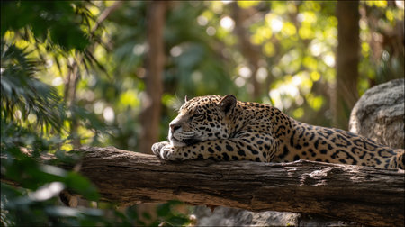 A jaguar lies resting on a branch in the jungle. Light filters through the leaves above.の素材