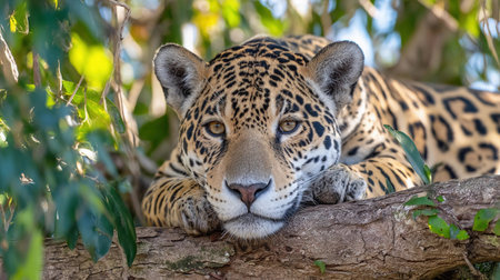 A jaguar is lying on a branch in the jungle, surrounded by sunlight shining through the leaves.の素材