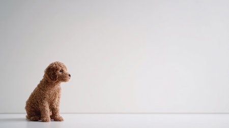 A small puppy is sitting on the left side of a plain white background with its gaze directed forward.の素材