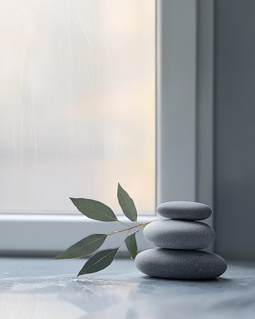 Three stones rest on a flat surface. A green leaf is beside them. Soft light comes through a window.の素材