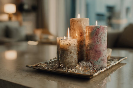 Three candles sit on a decorative tray, adding warmth to a living room. Light reflects off the tray's surface.の素材